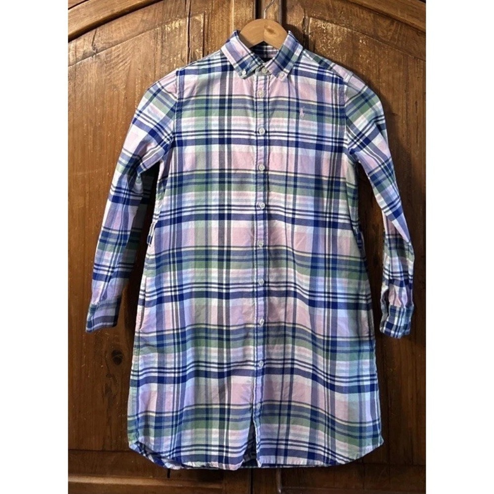 Girls Polo Ralph Lauren Pink Blue Plaid Oxford Shirt Dress Sz 10 Gorgeous Pocket
